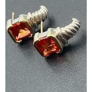Signed Orange Citrine Sterling Silver 925, 14K yellow Gold Accent Shrimp Earring